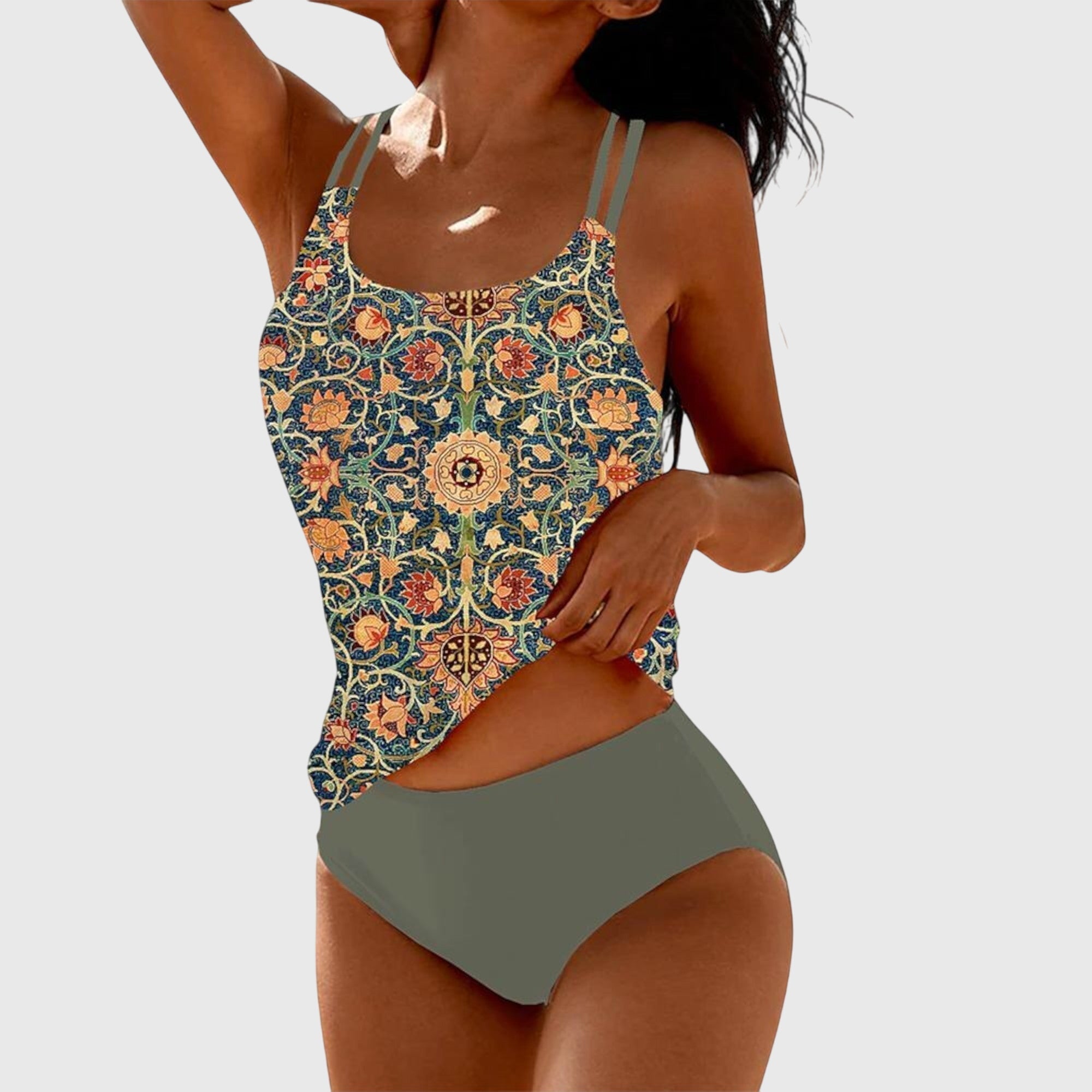 Tankini Deux Pièces Femme Imprimé Floral Oriental Bretelles Doubles Bas Uni