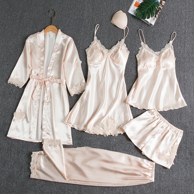 Elyssara™ - Ensemble De Nuit En Satin Glacé 5 Pièces Pour Femme