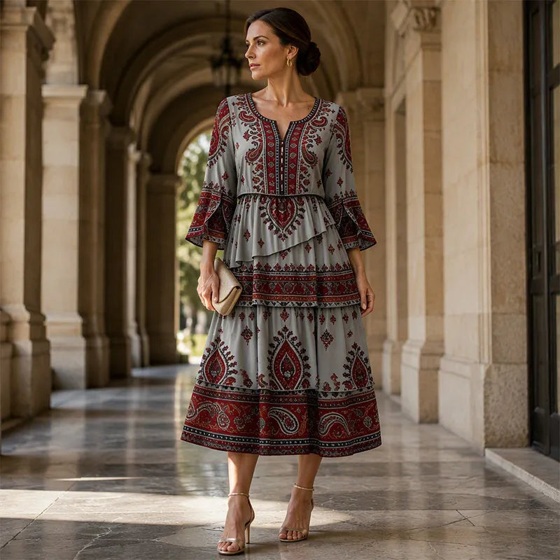 Robe bohème femme à volants et imprimé ethnique