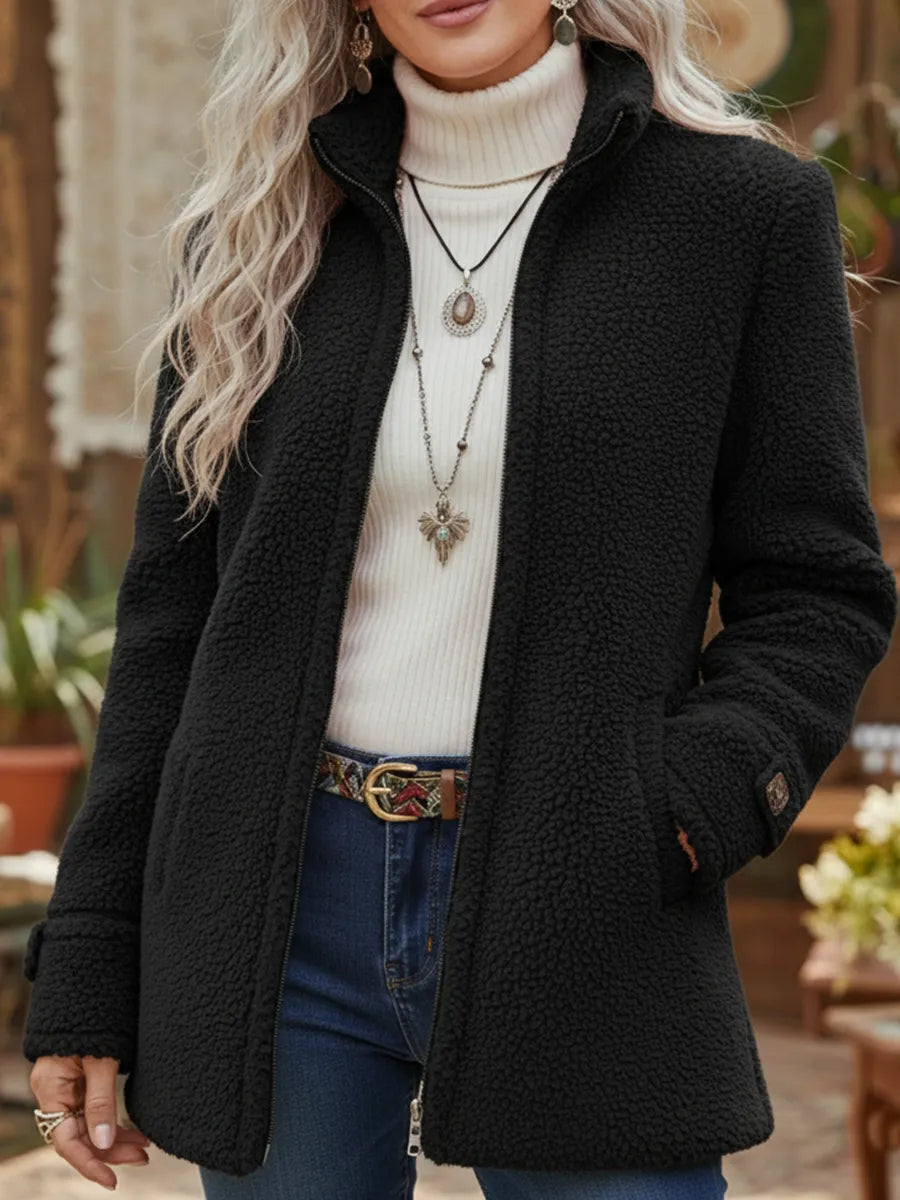 Veste femme zippée effet polaire – manteau chaud mi-long confortable