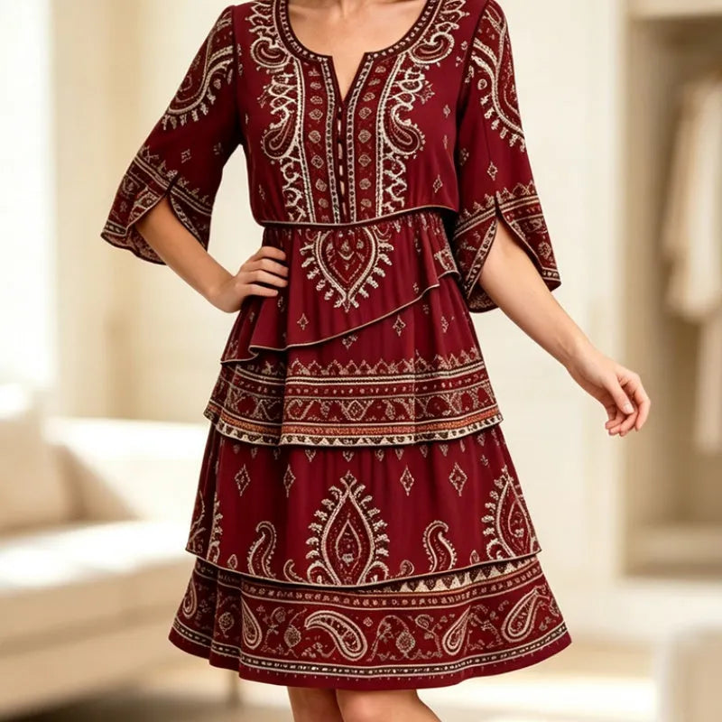 Robe bohème femme à volants et imprimé ethnique