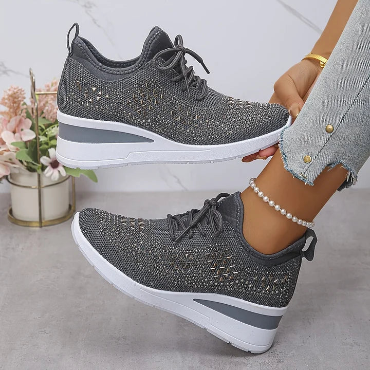 Baskets femme compensées scintillantes en maille respirante