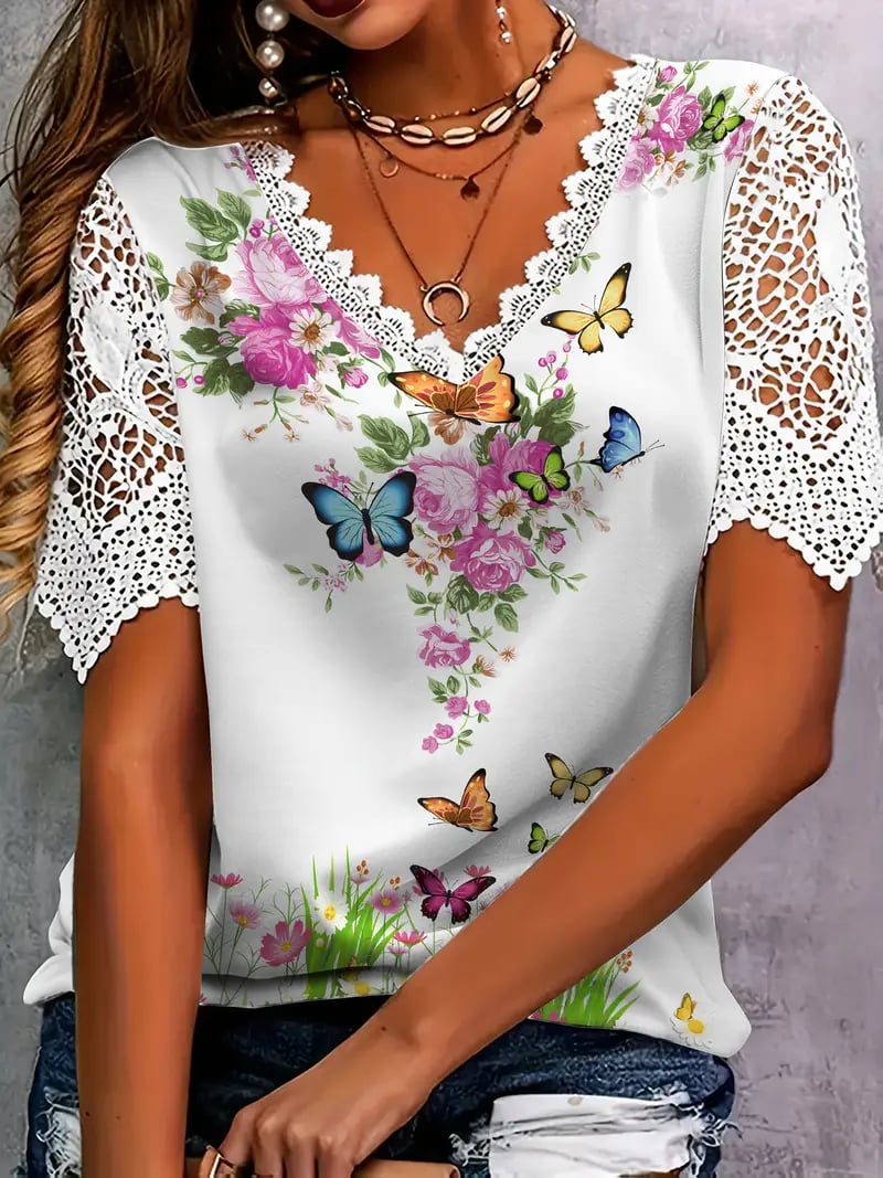 Haut femme floral à décolleté en V et manches en dentelle