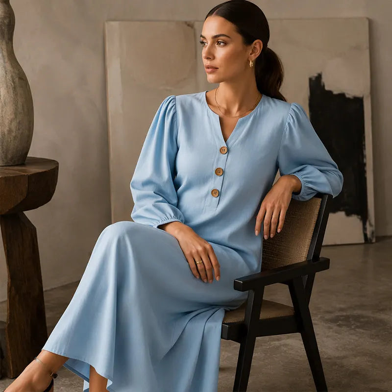 Robe maxi femme à col V et manches bouffantes