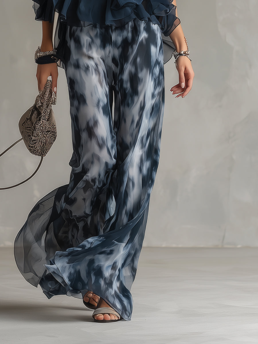 Ensemble Deux Pièces Femme Top Halter Volants Pantalon Large Chiffon Élégant