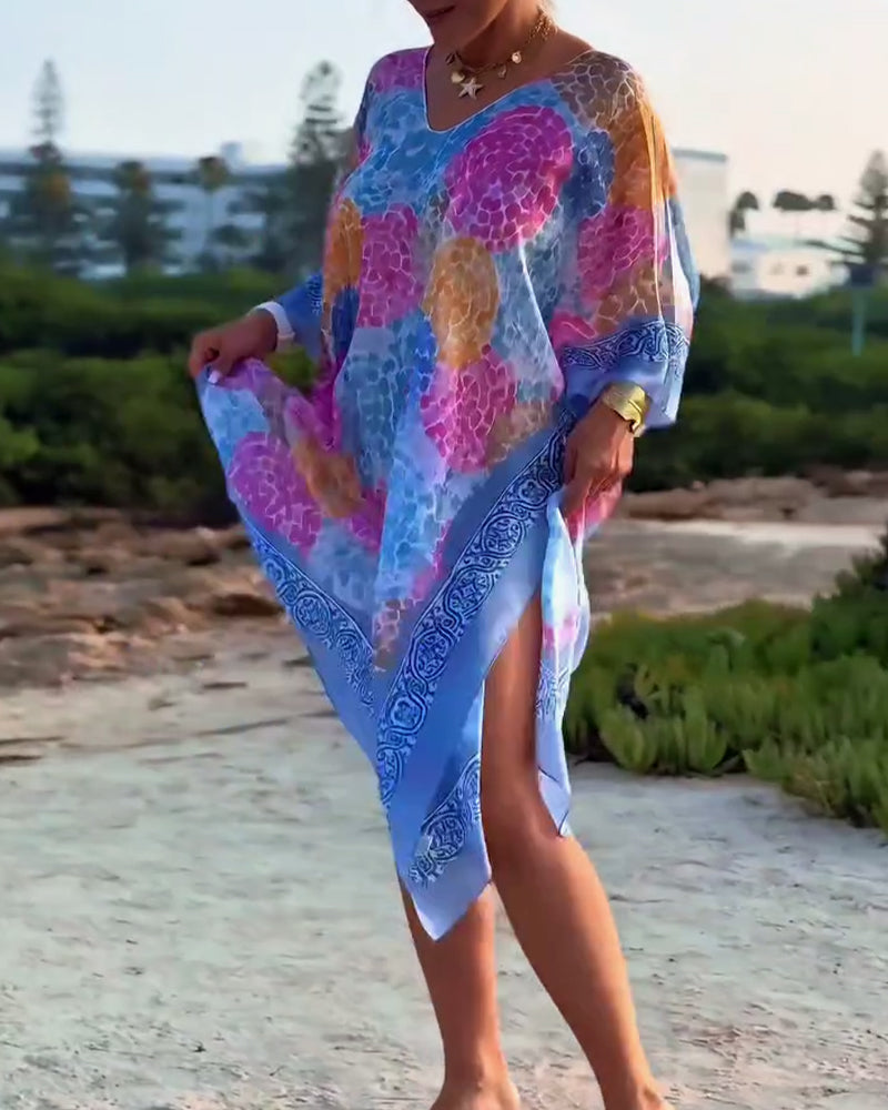Robe de plage femme imprimée avec manches chauve-souris fluides