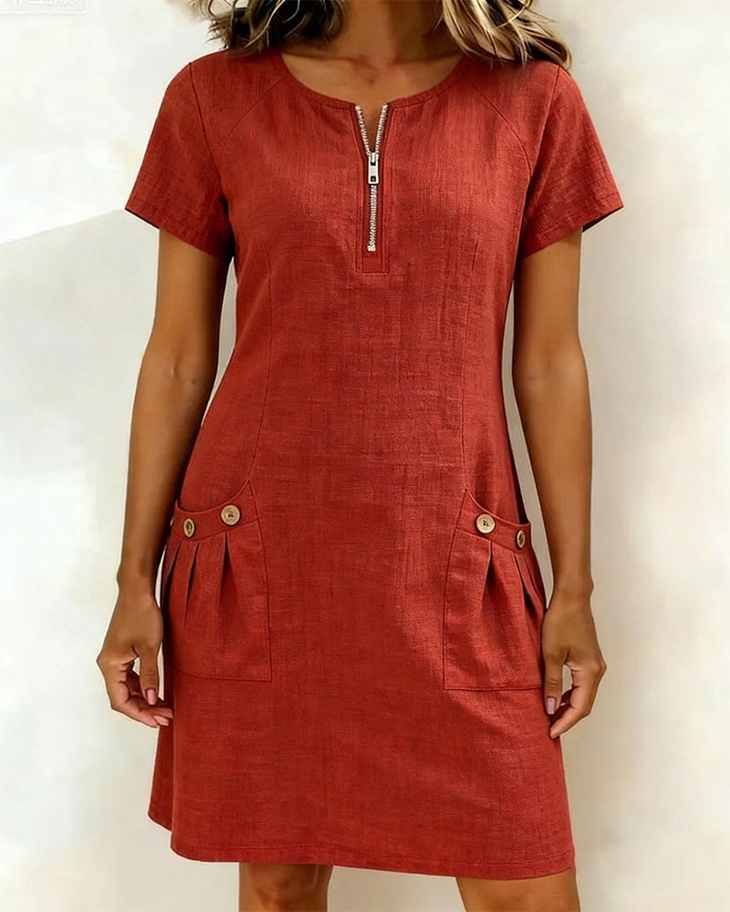 Robe Courte Femme Élégante avec Poches et Col Zippé Moderne