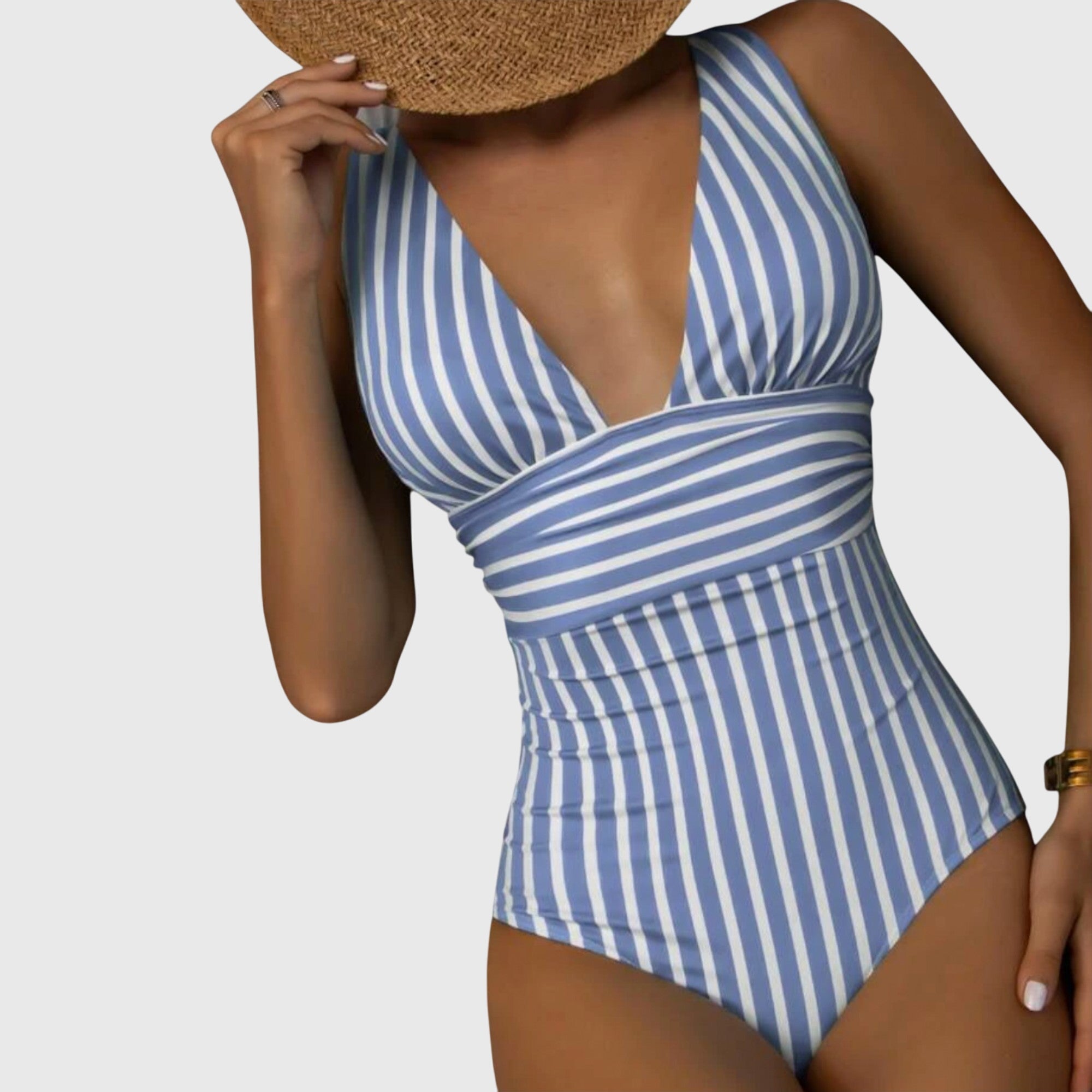 Maillot de bain une pièce femme col V plongeant rayures ceinture croisée gainant