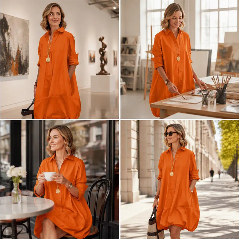 Robe chemise femme ample à manches retroussées