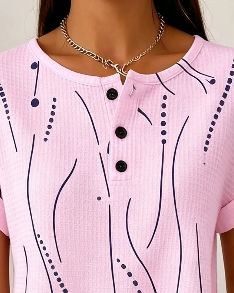 T-shirt femme imprimé à manches courtes avec boutons