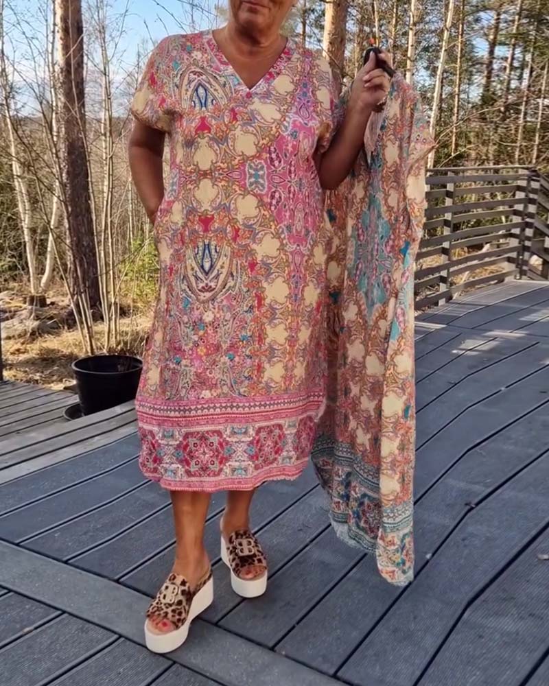 Robe Femme Midi Imprimée Col V Coupe Droite Confort Été