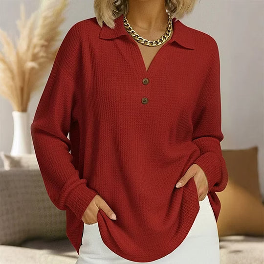 Blouse femme à col V boutonné et manches longues gaufrées