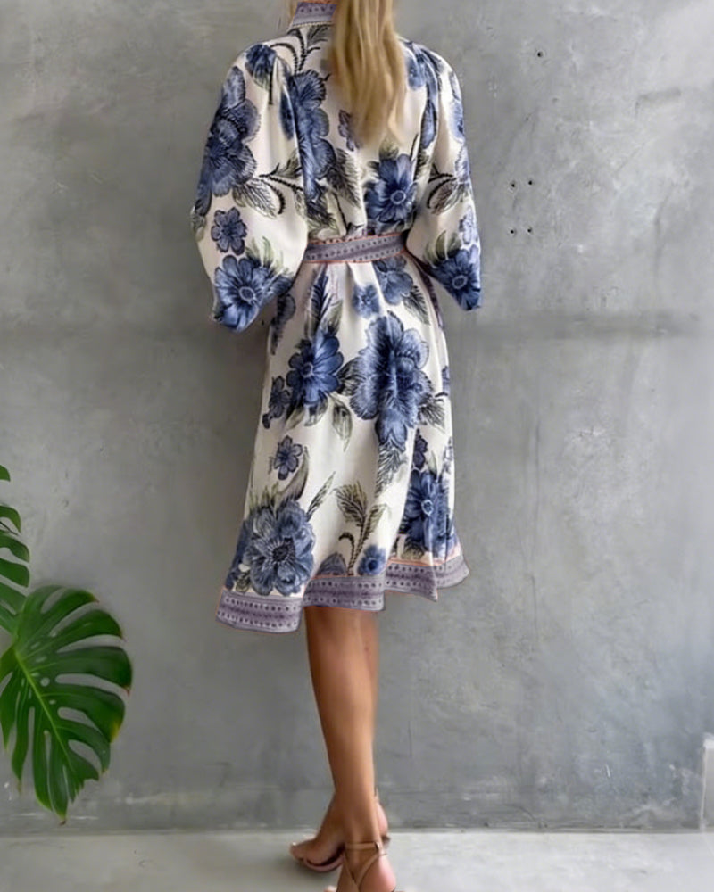 Robe Fleurie Élégante Femme à Manches Lanternes et Boutons