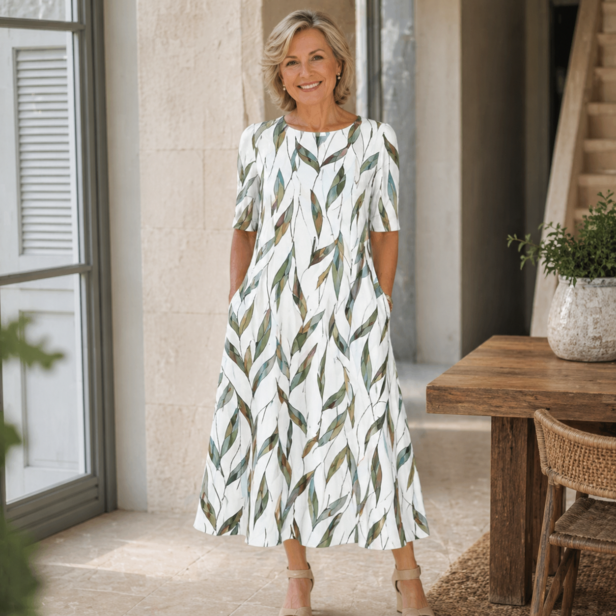Robe midi femme à imprimé feuillage et jupe évasée
