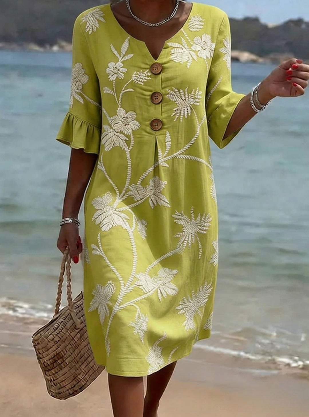 Robe femme en coton à imprimé floral et boutons