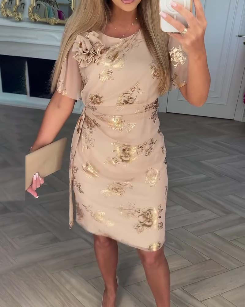 Robe midi femme fleurie élégante à taille cintrée et manches courtes