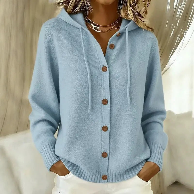 Cardigan femme à capuche boutonné en maille douce