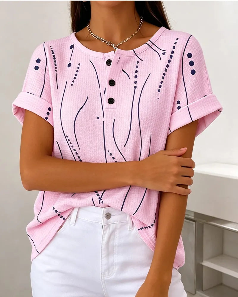 T-shirt femme imprimé à manches courtes avec boutons