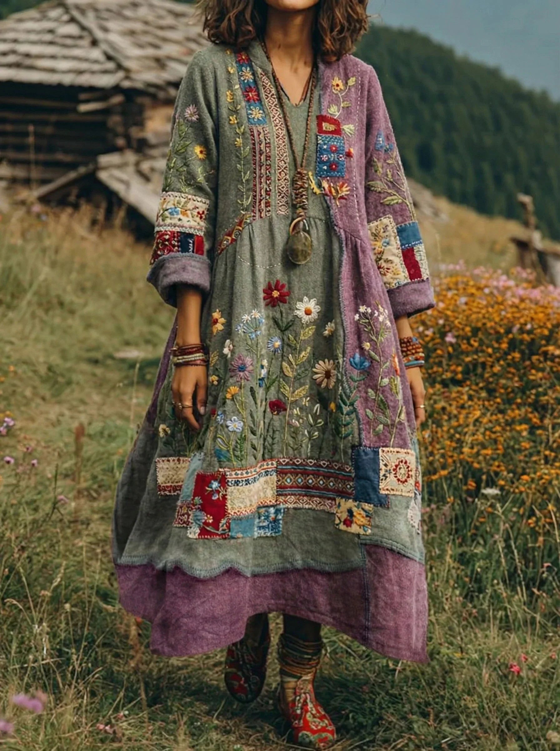 Robe Femme Bohème Patchwork Brodée Coupe Fluide Style Ethnique