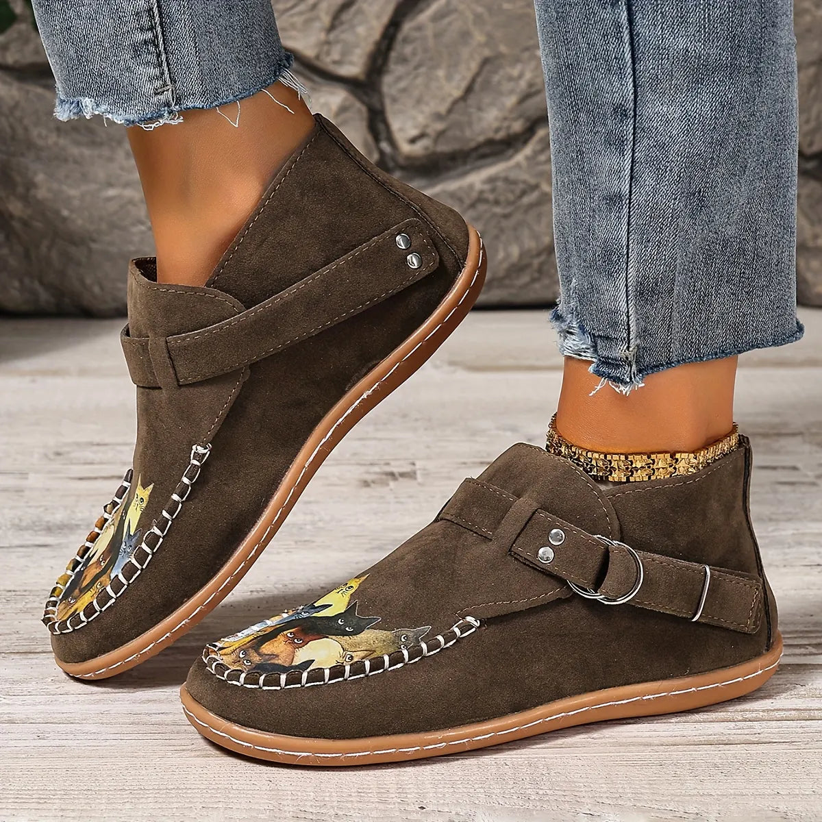 Mocassins femme imprimé chat à enfiler