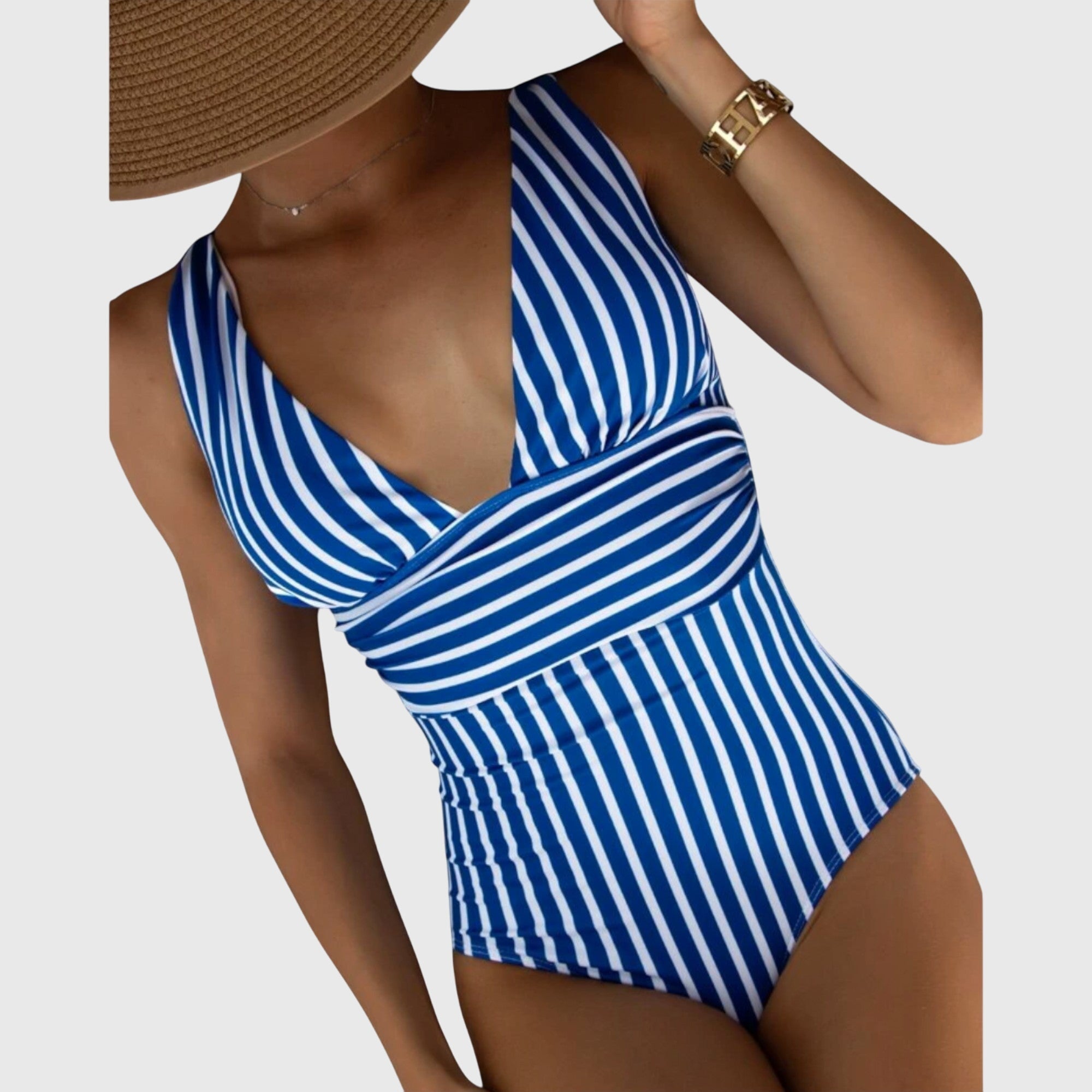 Maillot de bain une pièce femme col V plongeant rayures ceinture croisée gainant