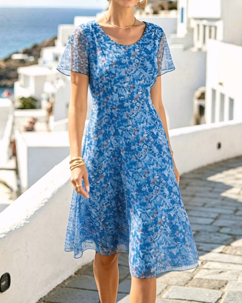 Robe femme florale coupe A avec manches courtes