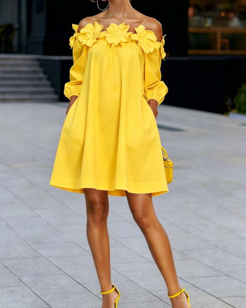 Robe femme épaules dénudées avec fleurs 3D