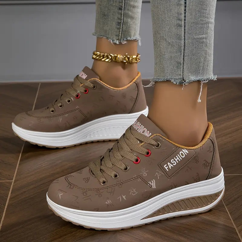 Baskets Femme Semelle Compensée Cuir Synthétique Lacets Minimalistes