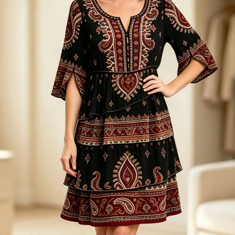 Robe bohème femme à volants et imprimé ethnique