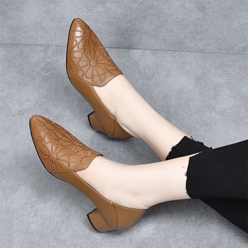 Escarpins Femme Cuir Véritable Brodé Talon Confortable Usage Quotidien