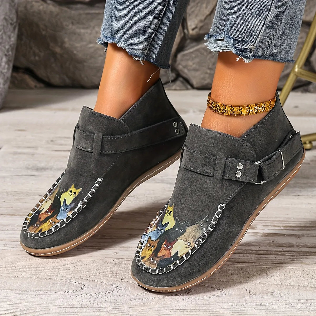 Mocassins femme imprimé chat à enfiler