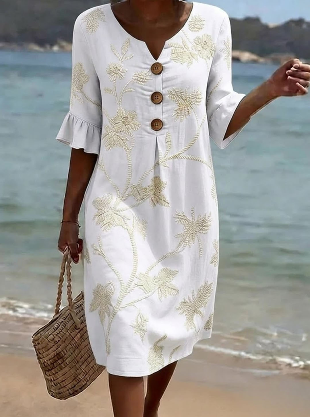Robe femme en coton à imprimé floral et boutons