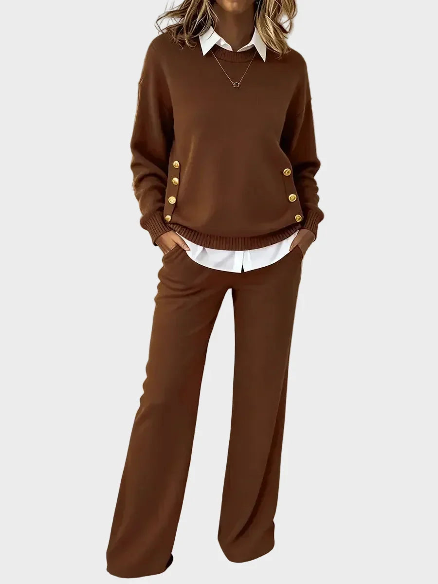 Ensemble femme en maille à boutons avec pantalon large