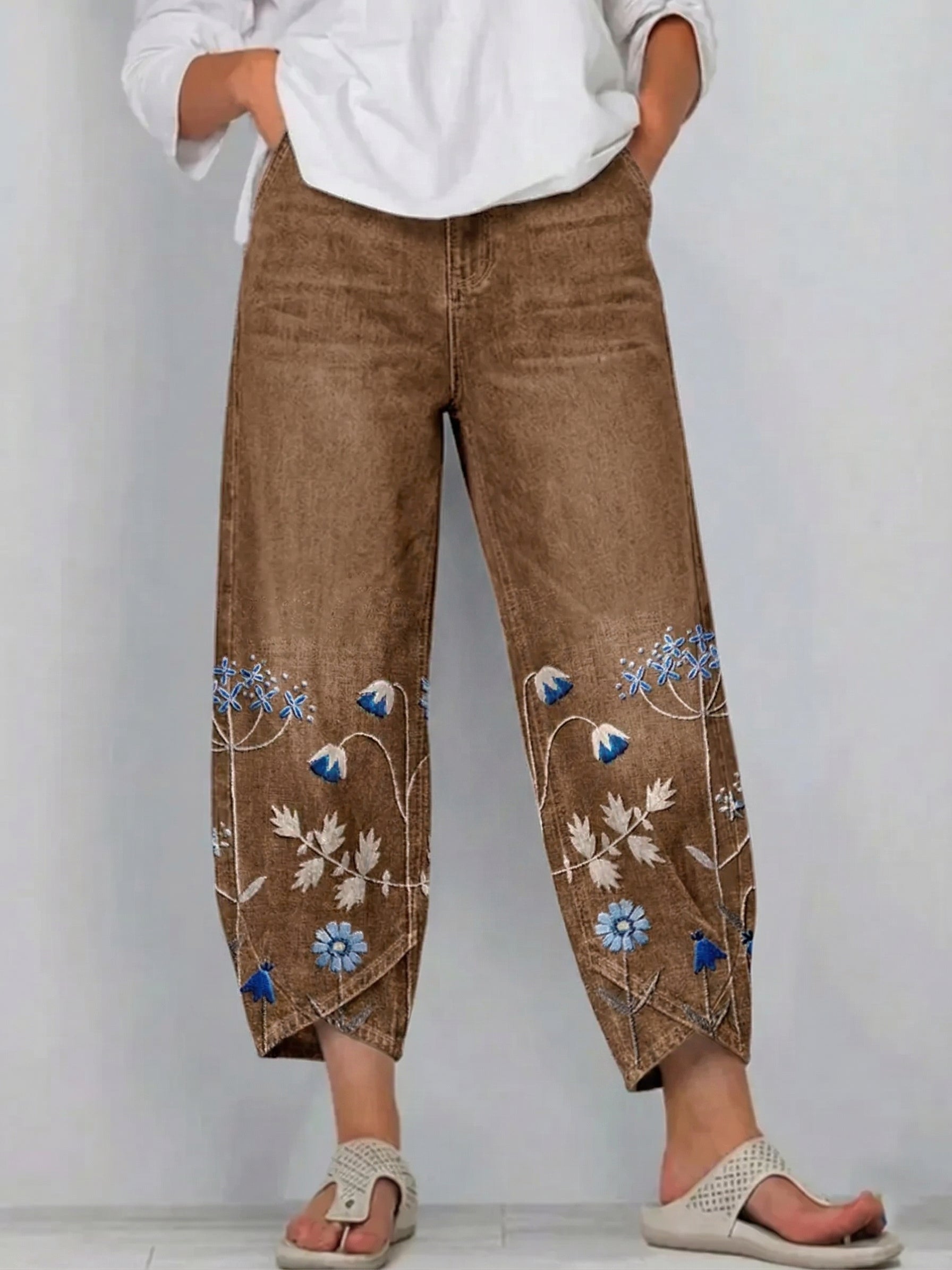 Pantalon Denim Femme Broderies Florales Bas Jambe Coupe Droite Boho