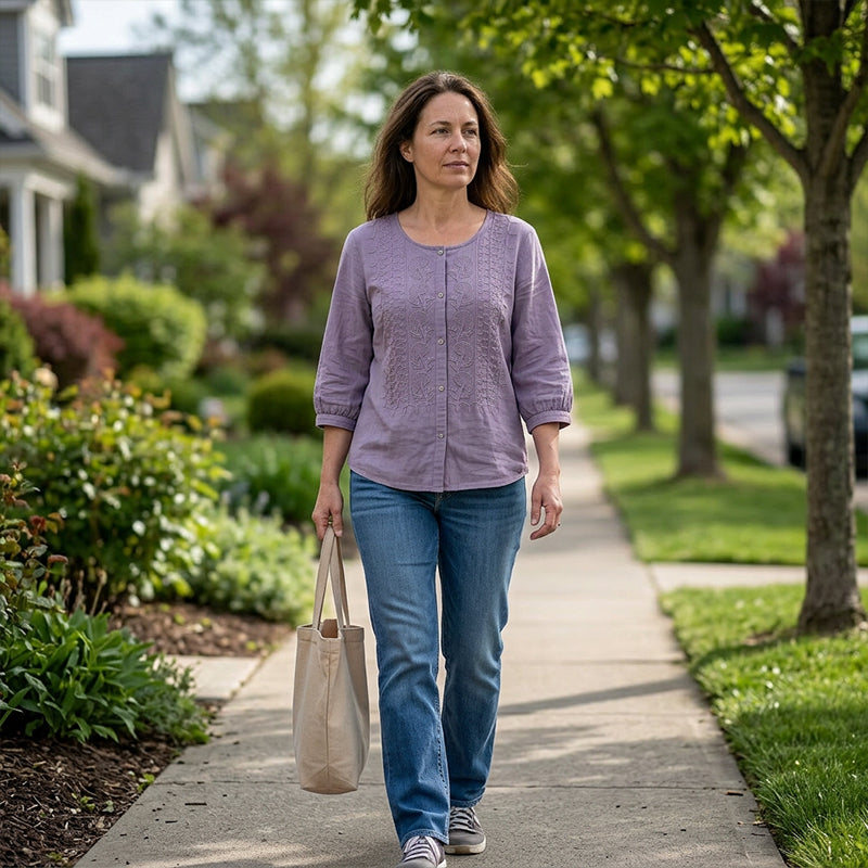 Blouse femme en coton et lin brodée à manches 3/4