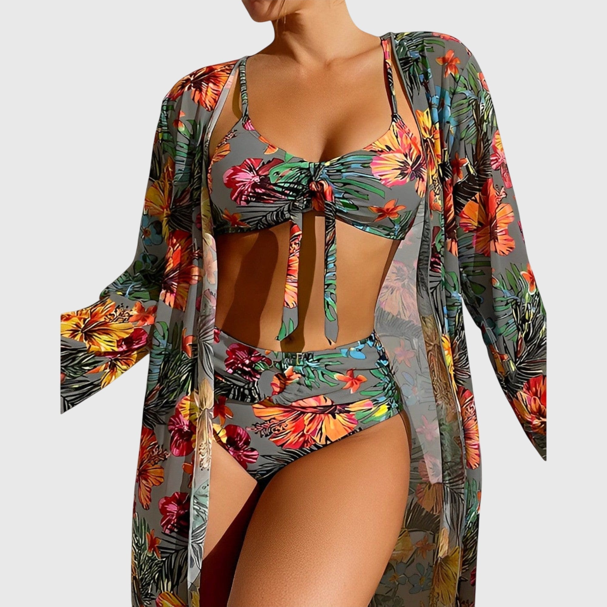 Bikini Trois Pièces Femme Imprimé Tropical Top Noué Kimono Assorti