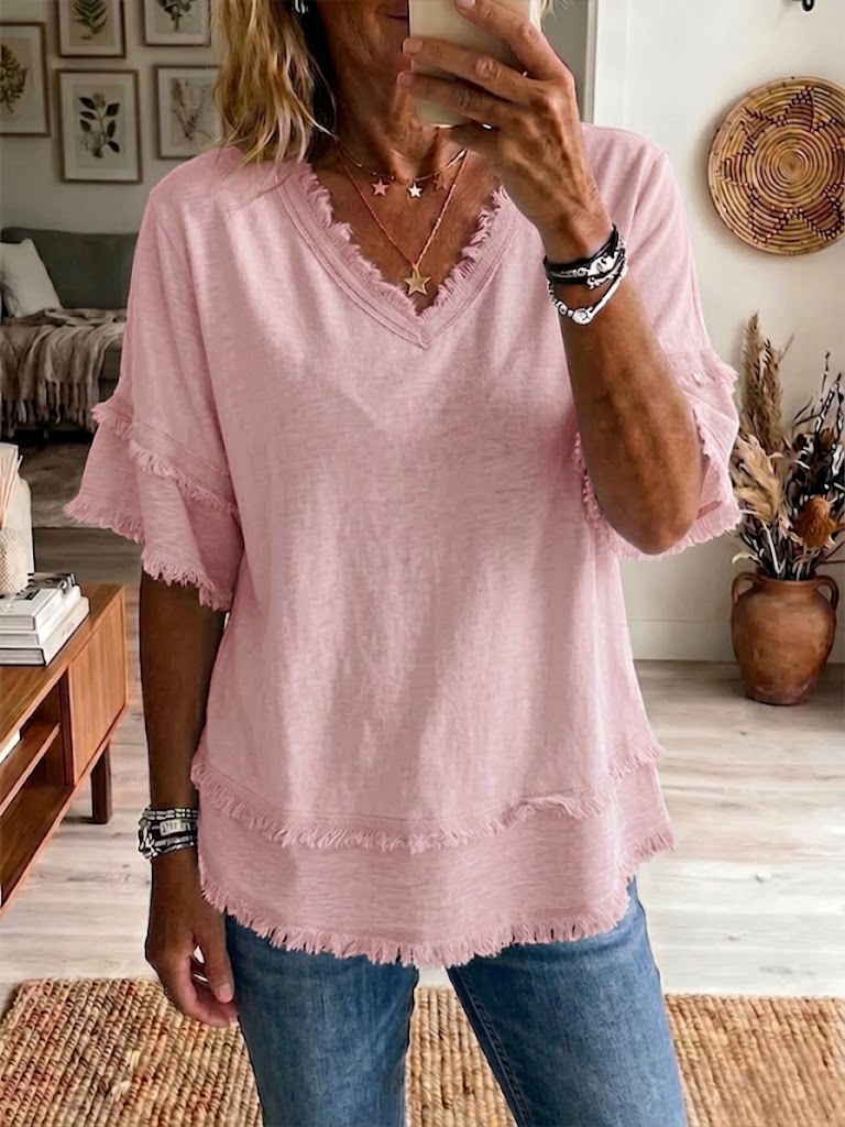 Haut Femme Lin Col V Coupe Décontractée Élégante Été