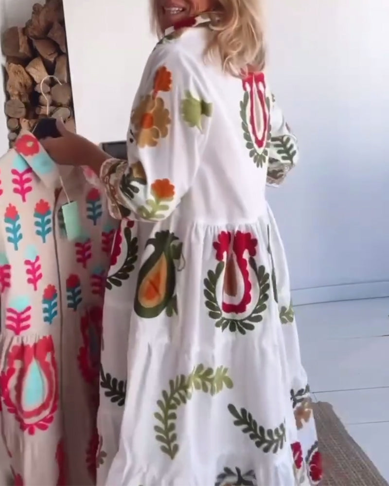 Robe femme midi imprimé floral graphique à col revers – style fluide été