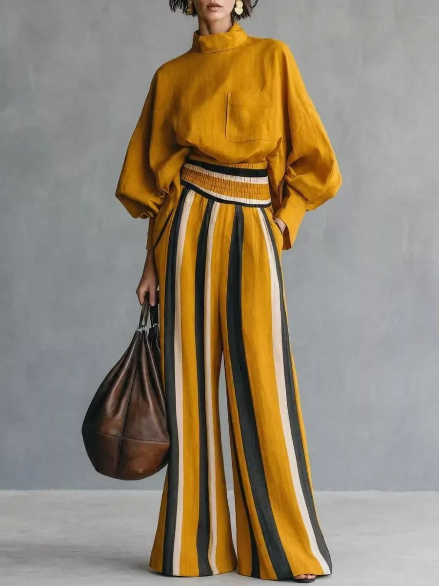 Ensemble femme col montant et pantalon rayé