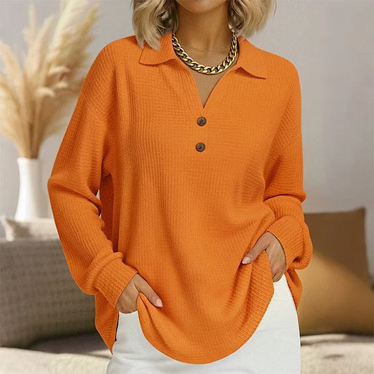 Blouse femme à col V boutonné et manches longues gaufrées