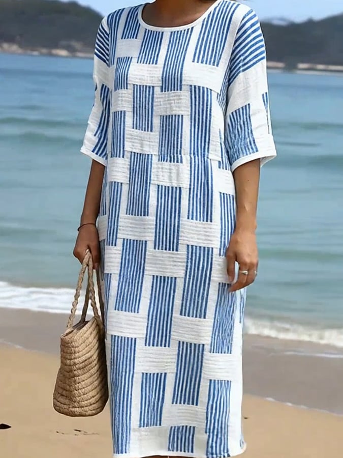 Robe Femme Coton Lin Imprimée Manches Mi-Longues Style Décontracté