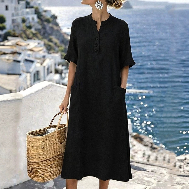 Robe midi femme coton-lin avec boutons et poches