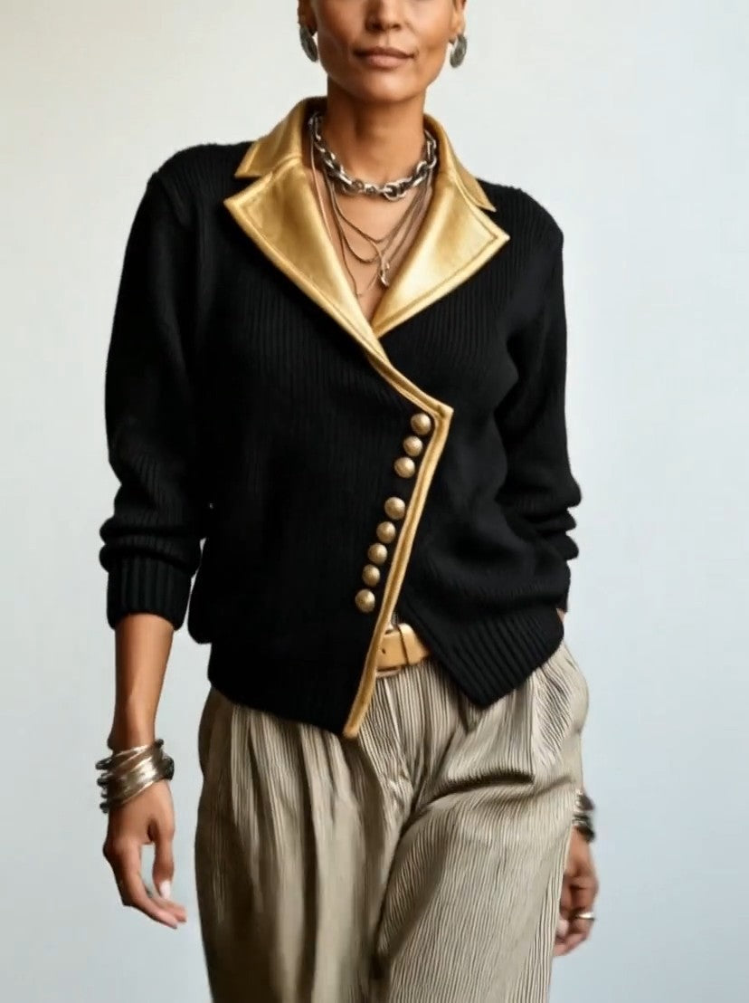 Cardigan femme en maille côtelée à col châle et boutons dorés