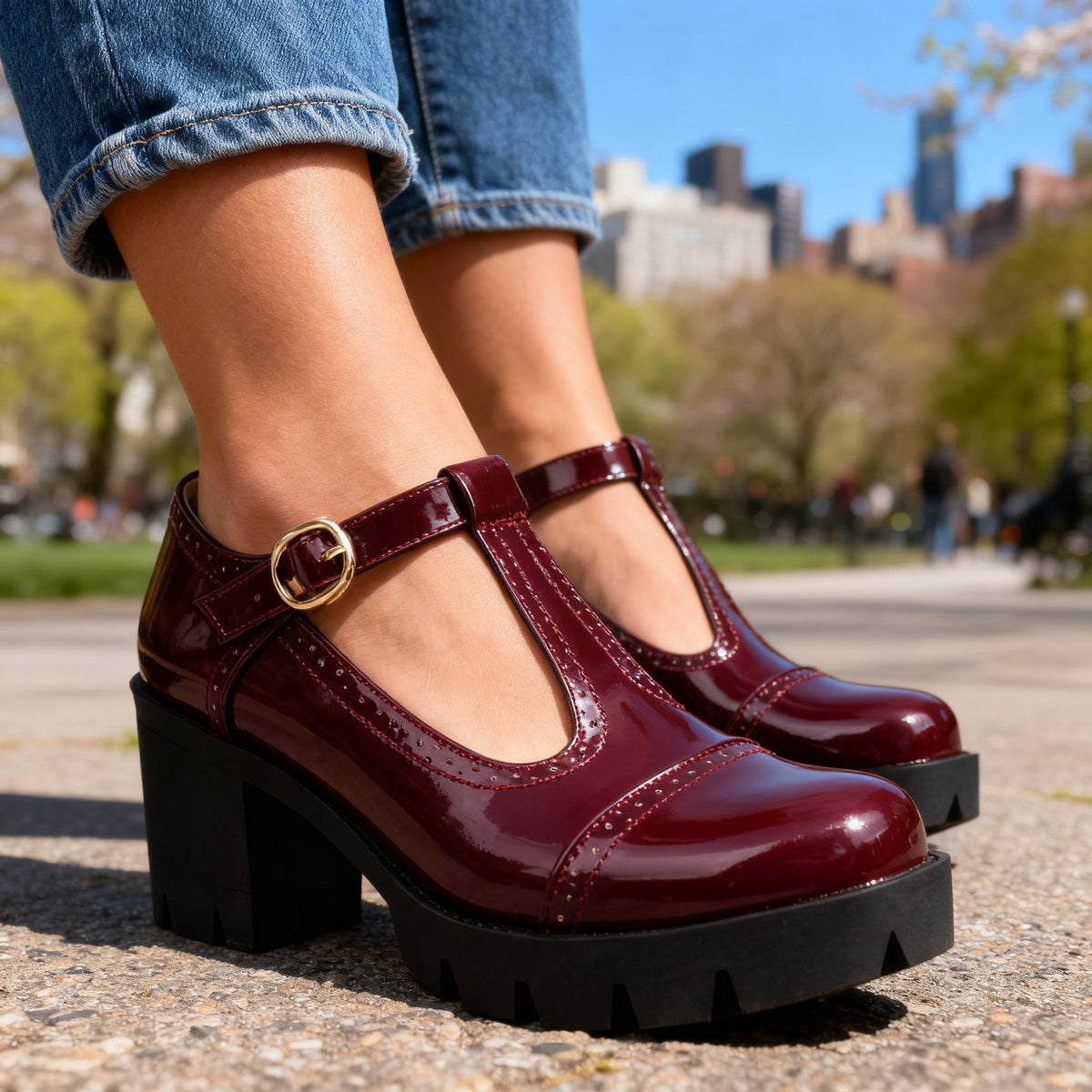 Chaussures brogue femme vernies à bride en T et talon bloc