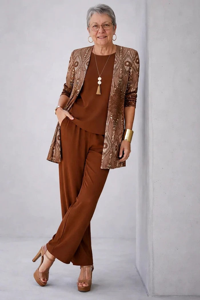 Ensemble trois pièces femme avec cardigan imprimé