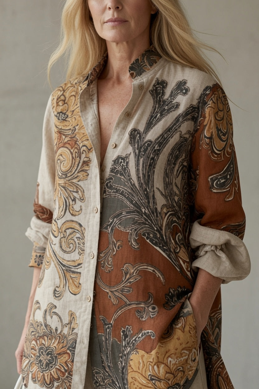 Ensemble femme vintage imprimé avec chemise et pantalon fluide