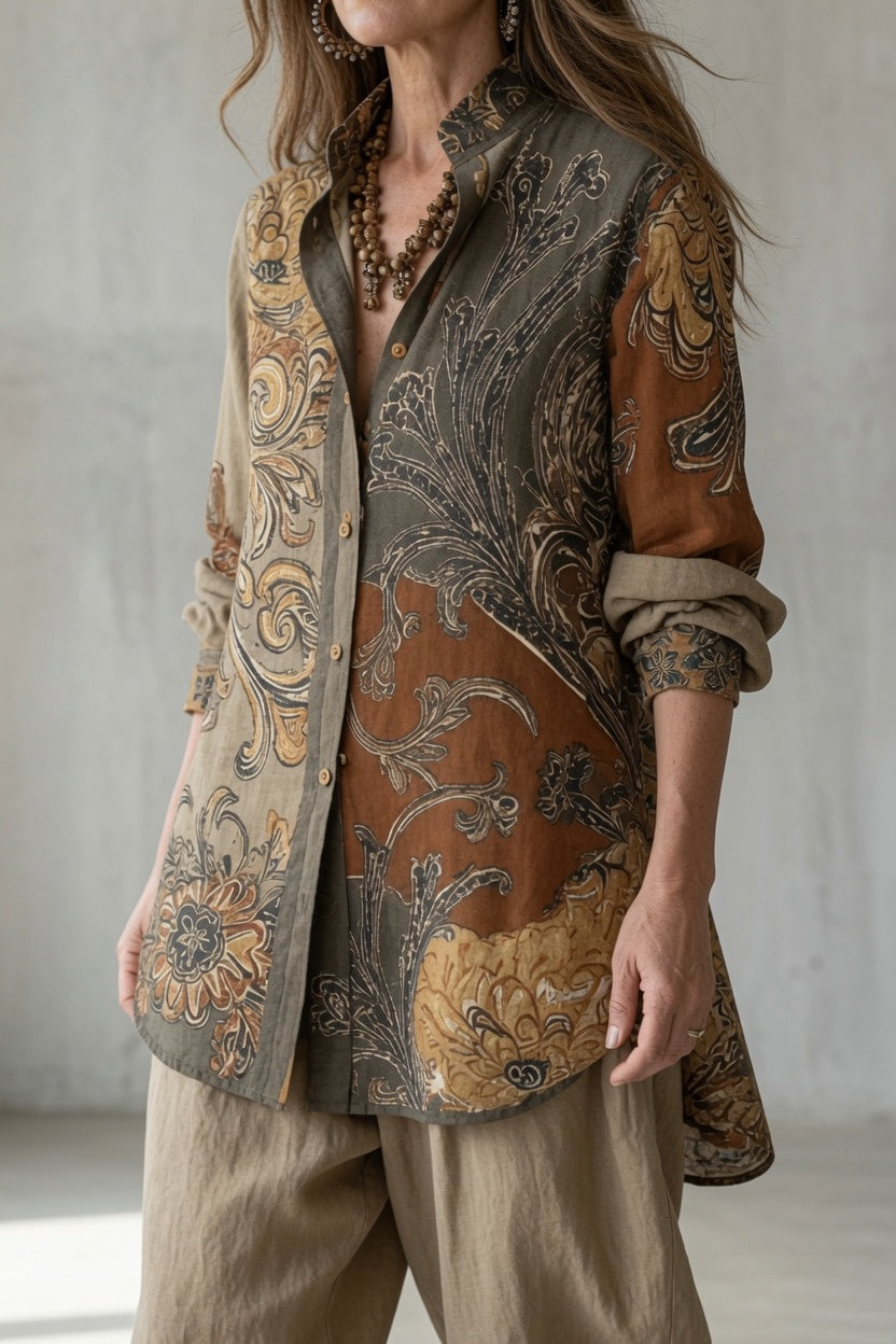 Ensemble femme vintage imprimé avec chemise et pantalon fluide