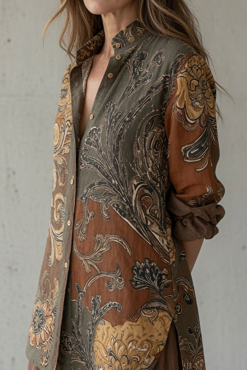 Ensemble femme vintage imprimé avec chemise et pantalon fluide