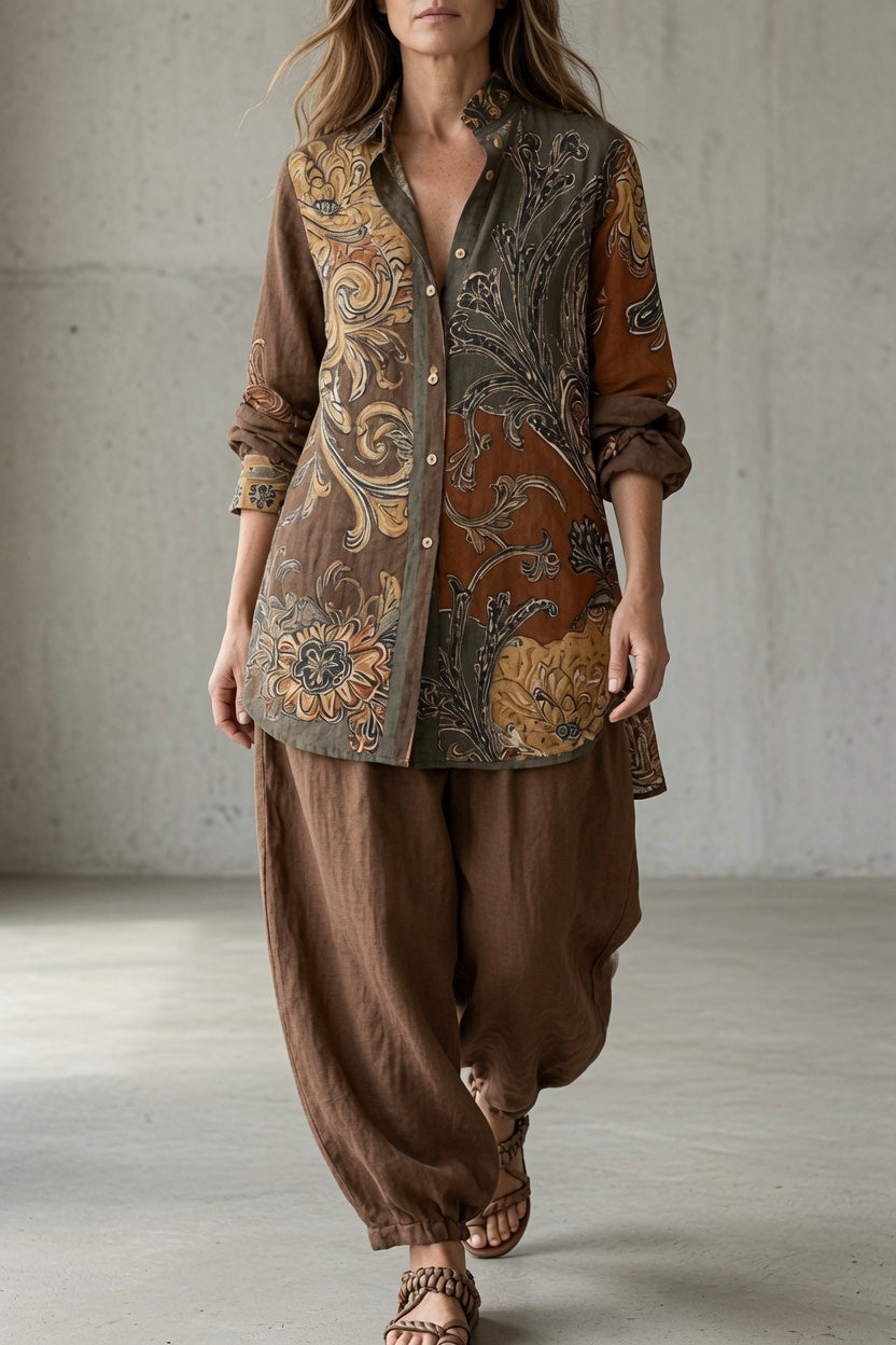 Ensemble femme vintage imprimé avec chemise et pantalon fluide