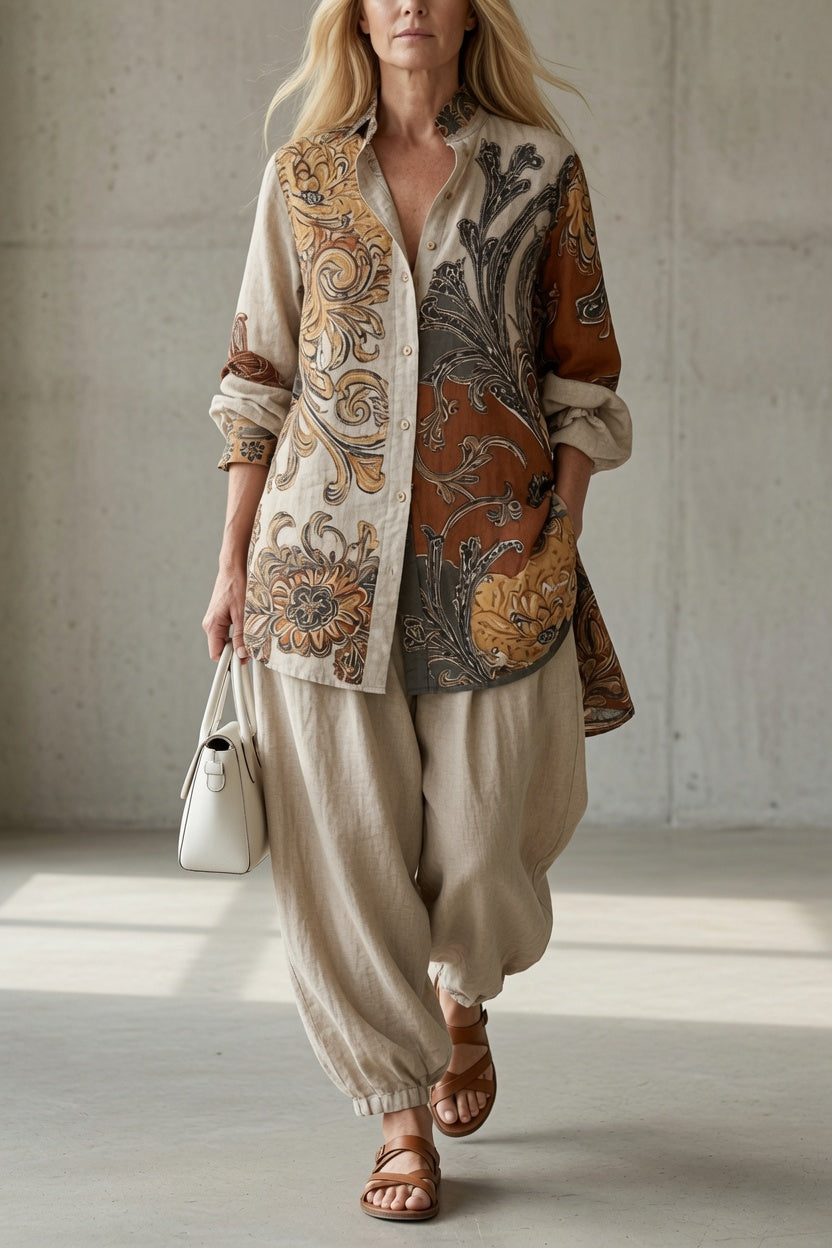 Ensemble femme vintage imprimé avec chemise et pantalon fluide